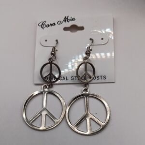 NWT Rare Cara Mia Silver Boho Indie Hippie Double Peace Sign Drop Earrings